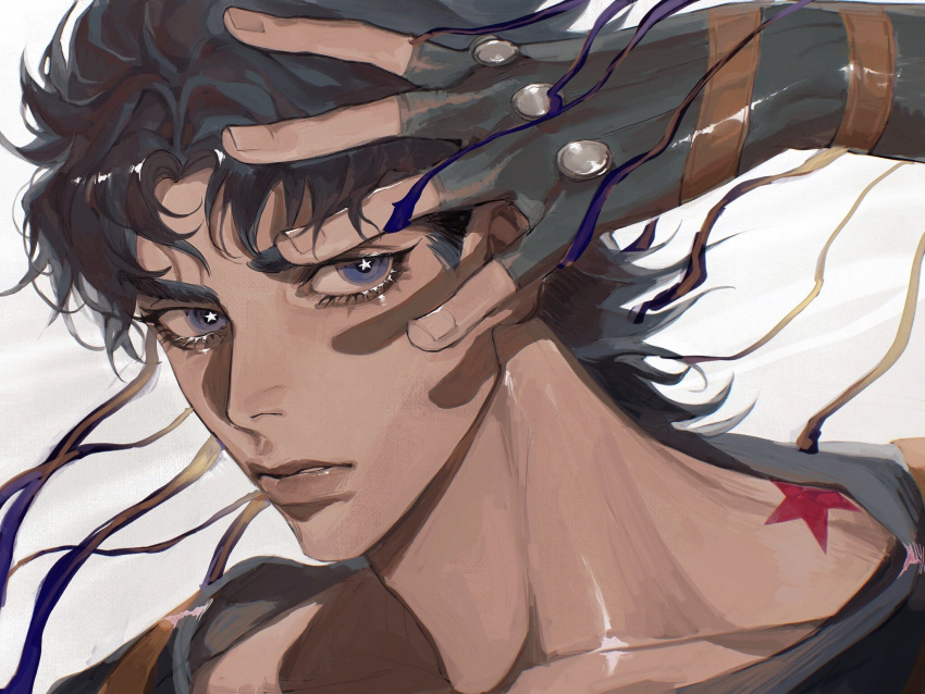 1boy birthmark blue_eyes blue_hair eyelashes fingerless_gloves gloves highres joestar_birthmark jojo_no_kimyou_na_bouken jonathan_joestar male_focus phantom_blood puppetjackmj smoke solo star-shaped_pupils star_(symbol) symbol-shaped_pupils