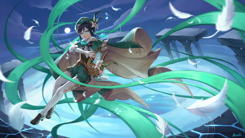 1boy aqua_eyes aqua_hair artist_name bangs bard beret black_bow black_footwear black_hair bow braid cape capelet clouds cloudy_sky collared_capelet commentary_request corset feathers floating_hair flower flying genshin_impact gradient_hair green_cape green_capelet green_headwear green_shorts hair_between_eyes hat hat_flower highres holding holding_instrument instrument loafers long_sleeves looking_at_viewer lyre magic male_focus mool_yueguang motion_blur multicolored_hair music musical_note open_mouth pantyhose playing_instrument shirt shoes short_hair_with_long_locks shorts side_braids signature sky sleeves_past_wrists solo staff_(music) striped striped_bow swept_bangs twin_braids two-tone_cape venti_(genshin_impact) white_feathers white_flower white_legwear white_shirt wind yellow_cape