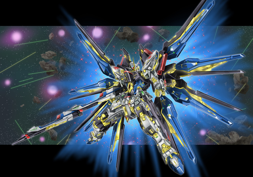 gundam gundam_seed gundam_seed_destiny ilshima060123 looking_down mecha mechanical_wings mobile_suit no_humans orange_eyes science_fiction solo standing strike_freedom_gundam transparent_background v-fin wings