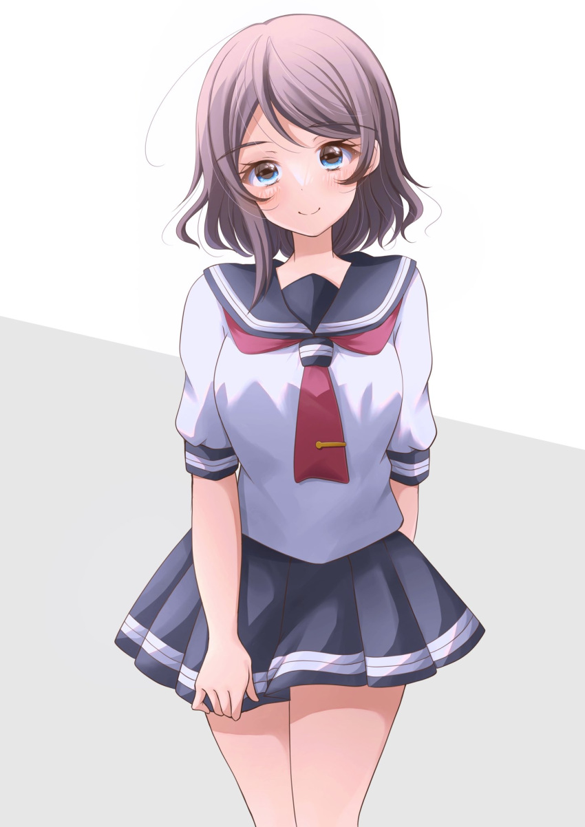 1girl blue_eyes blue_sailor_collar blue_skirt breasts brown_hair commentary eyebrows_visible_through_hair grey_background grey_hair highres love_live! love_live!_sunshine!! medium_breasts motimoti51moti neckerchief red_neckerchief sailor_collar school_uniform short_hair short_sleeves skirt solo two-tone_background uranohoshi_school_uniform watanabe_you white_background