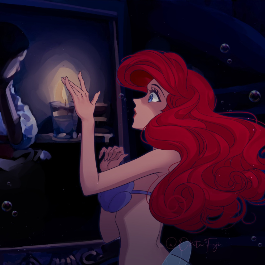 1girl ariel_(disney) bare_arms blue_eyes bra bubble candle curly_hair disney fire flame highres mermaid monster_girl okitafuji outstretched_hand painting_(object) redhead shell shell_bikini solo stomach the_little_mermaid underwater underwear