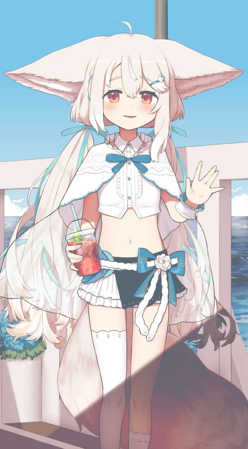 1girl absurdres animal_ears aqua_ribbon asymmetrical_legwear bangs blush cape clouds commentary_request crop_top cup day disposable_cup fox_ears fox_girl fox_tail grey_hair hair_ornament hair_ribbon hairclip highres holding holding_cup hoplitx kneehighs large_ears long_hair looking_at_viewer low_twintails midriff original outdoors parted_lips red_eyes ribbon sakurada_shiro single_kneehigh single_thighhigh skirt sky solo tail thigh-highs twintails very_long_hair waving white_hair