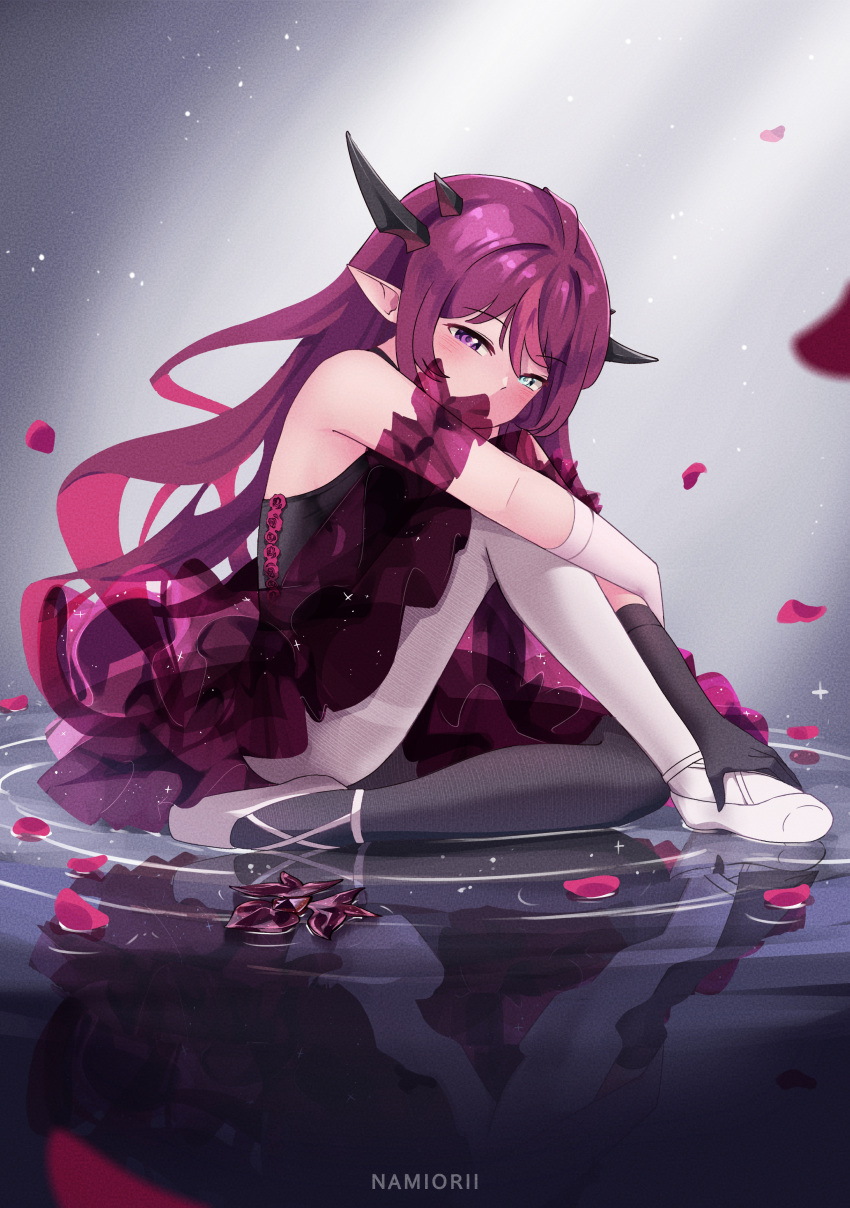 1girl absurdres asymmetrical_legwear ballerina ballet_slippers bangs bare_shoulders blue_eyes dress gloves heterochromia highres hololive hololive_english horns irys_(hololive) long_hair mismatched_legwear multiple_horns namiorii pantyhose pointy_ears purple_hair solo thigh-highs tutu very_long_hair violet_eyes virtual_youtuber