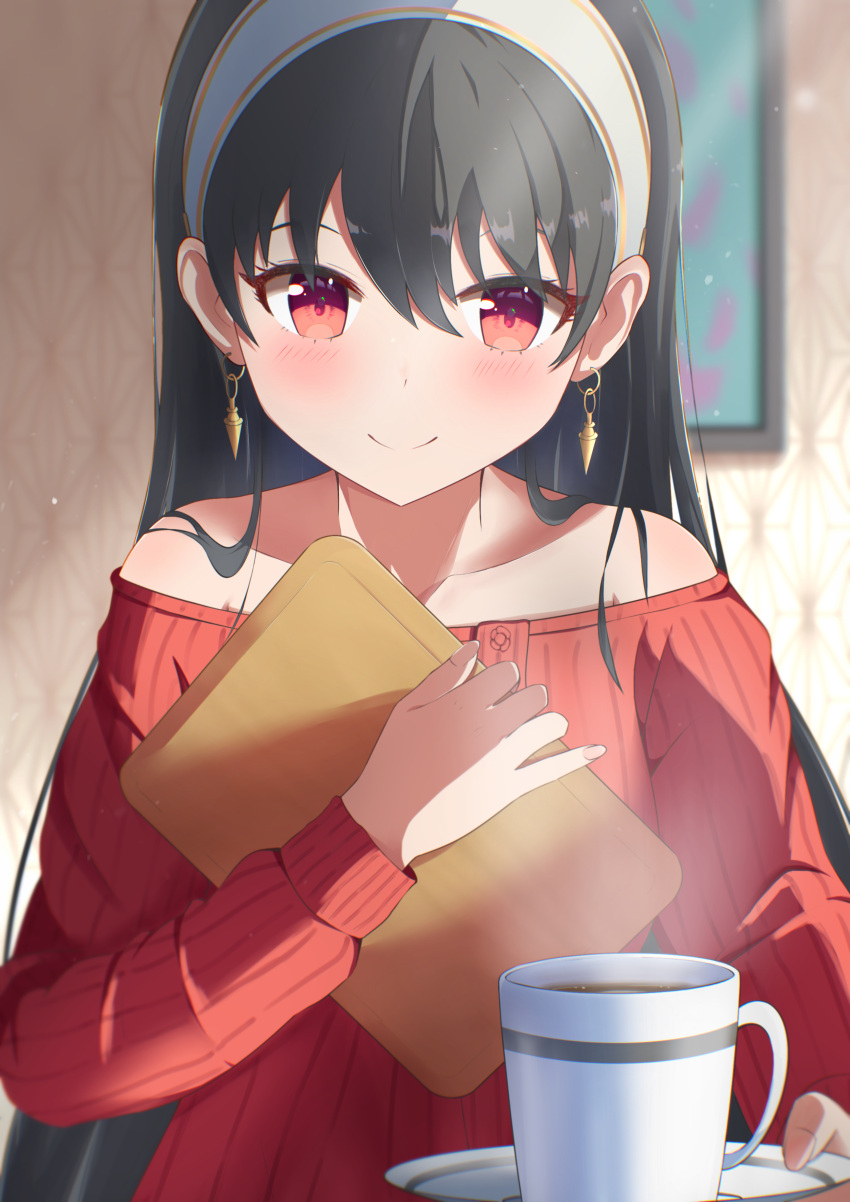 1girl absurdres bare_shoulders black_hair blush closed_mouth coffee_mug cup drink earrings hair_down hair_ornament hairband highres jewelry long_hair long_sleeves looking_at_viewer mug off-shoulder_sweater off_shoulder plate red_sweater sakurahino3330 solo spy_x_family sweater white_hairband yor_briar