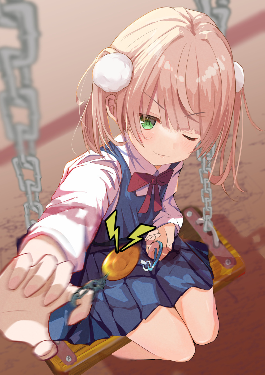 1girl absurdres blue_dress bow bowtie collared_shirt crime_prevention_buzzer dress eyebrows_visible_through_hair foreshortening green_eyes highres indie_virtual_youtuber light_brown_hair looking_at_viewer nekozya1 one_eye_closed pinafore_dress pom_pom_(clothes) shigure_ui_(vtuber) shirt sitting smile solo swing twintails