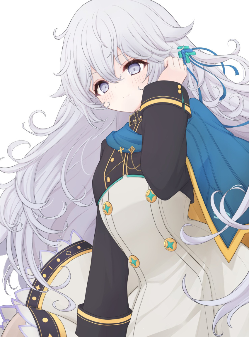 1girl adjusting_hair arius_esquede blush buttons closed_mouth counter:side eyebrows_visible_through_hair flat_chest grey_eyes hair_between_eyes hair_ornament highres long_hair long_sleeves looking_at_viewer risshu solo white_background white_hair