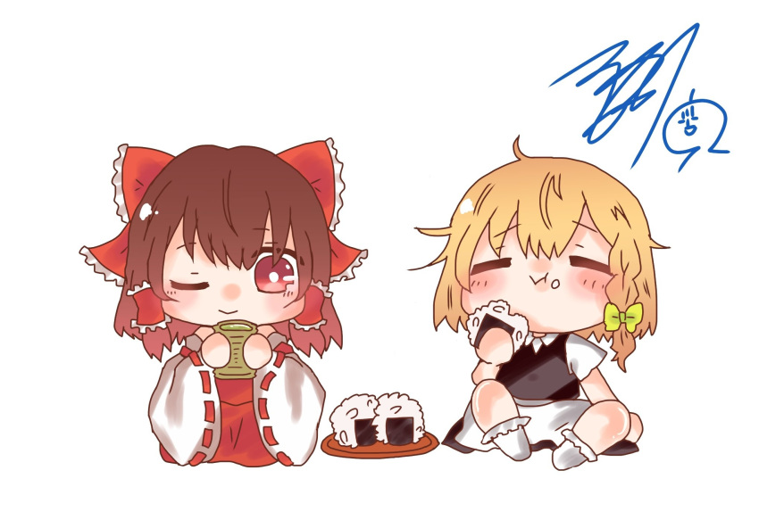 2girls :i blonde_hair bluesan451090 blush bow braid brown_hair chibi closed_eyes cup detached_sleeves eating hair_bow hair_tubes hakurei_reimu highres holding holding_cup kirisame_marisa multiple_girls no_hat no_headwear one_eye_closed red_eyes ribbon_trim signature single_braid sitting skirt touhou white_background wide_sleeves