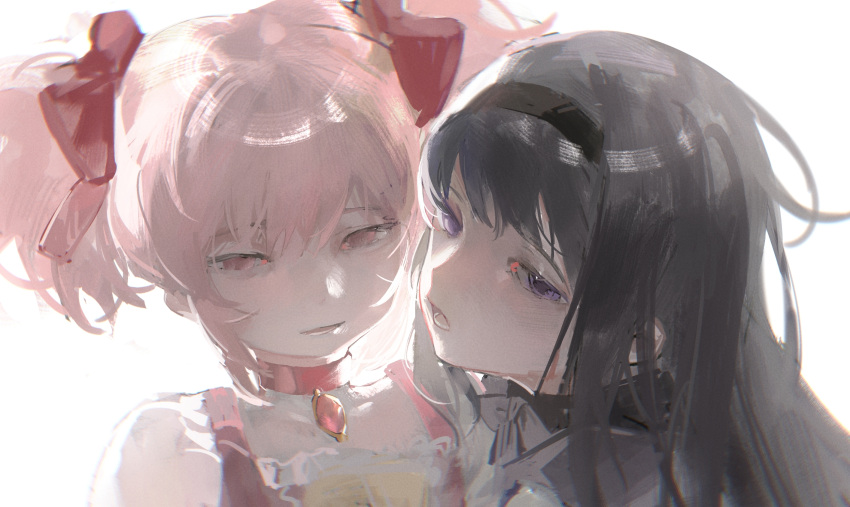 2girls akemi_homura baifeidaiwang bangs black_hair black_hairband bow chinese_commentary choker commentary_request cosplay face hair_bow hairband half-closed_eyes highres kaname_madoka long_hair looking_at_viewer mahou_shoujo_madoka_magica multiple_girls neck_ribbon open_mouth pink_eyes pink_hair portrait red_choker ribbon short_hair short_twintails simple_background soul_gem twintails violet_eyes white_background