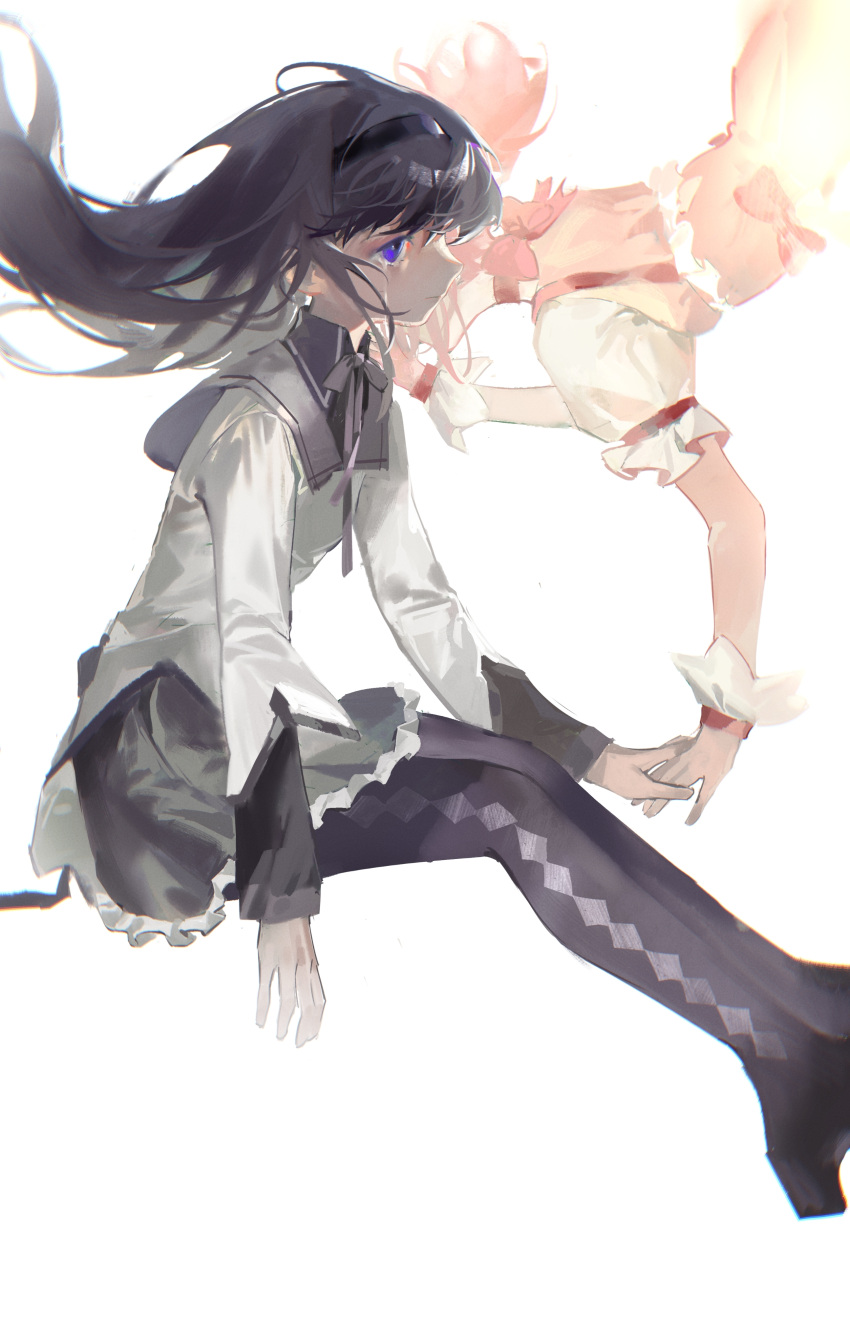 2girls absurdres akemi_homura baifeidaiwang black_hair black_hairband black_legwear black_skirt chinese_commentary commentary_request covered_face feet_out_of_frame floating_hair from_side gloves hairband highres holding_hands jacket kaname_madoka long_hair long_sleeves looking_afar mahou_shoujo_madoka_magica multiple_girls neck_ribbon pantyhose pink_hair profile puffy_short_sleeves puffy_sleeves ribbon school_uniform short_sleeves simple_background sitting skirt tears violet_eyes white_background white_gloves white_jacket yuri
