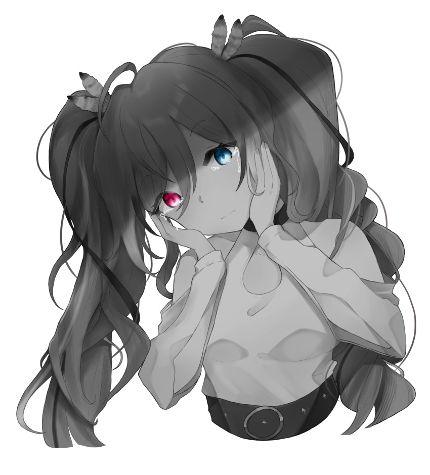 1girl absurdres ahoge bangs blue_eyes closed_mouth clothing_cutout cropped_torso crying crying_with_eyes_open feather_hair_ornament feathers greyscale hair_between_eyes hair_ornament hands_on_own_cheeks hands_on_own_face head_tilt heterochromia highres hito_(maruhito_) hololive hololive_english long_hair looking_at_viewer monochrome nanashi_mumei red_eyes shirt shoulder_cutout simple_background solo spot_color tears twintails virtual_youtuber white_background