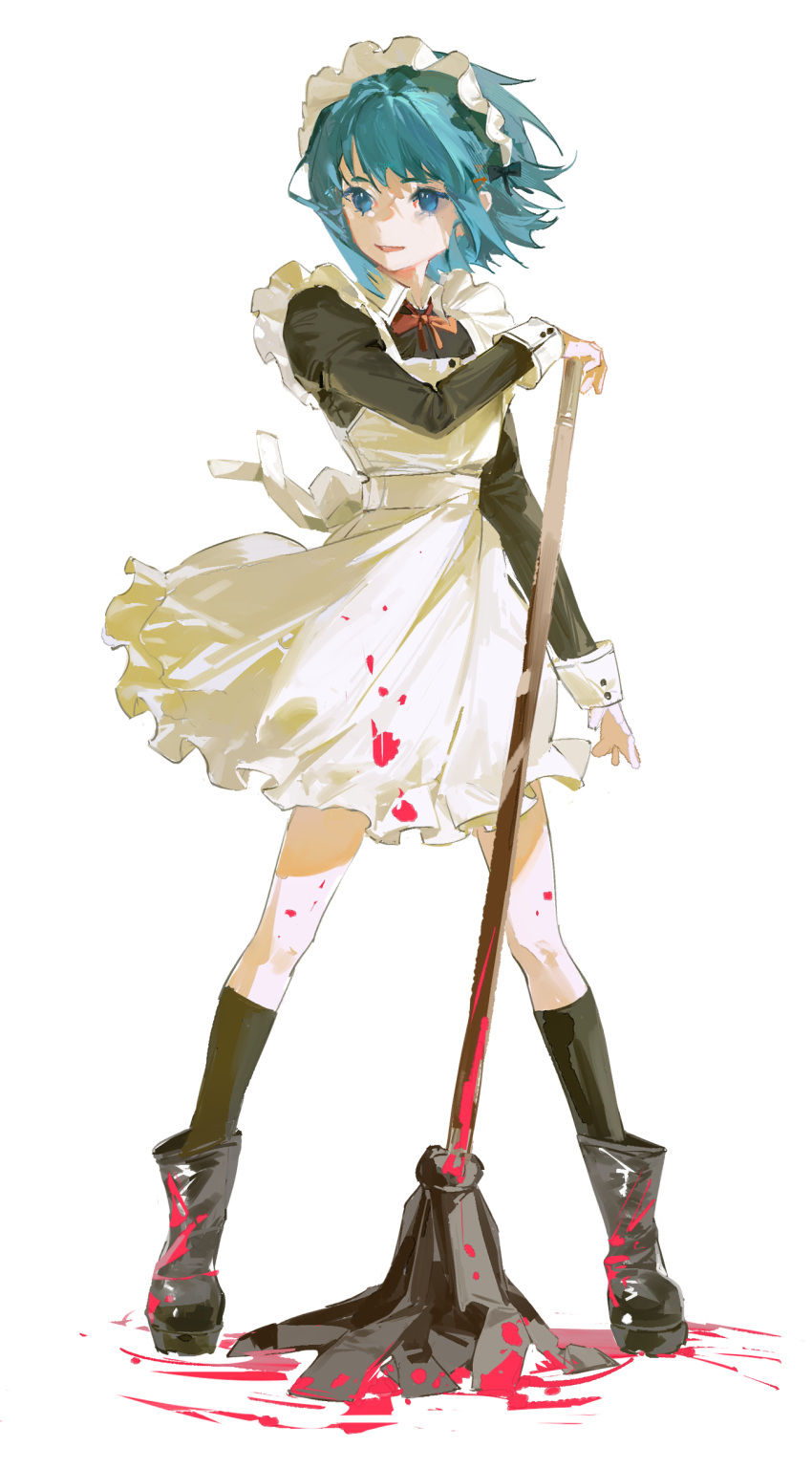 1girl absurdres alternate_costume apron baifeidaiwang black_footwear blood blood_on_clothes blood_splatter blue_eyes blue_hair boots enmaided full_body highres holding holding_mop kneehighs legs_apart looking_to_the_side mahou_shoujo_madoka_magica maid maid_apron maid_headdress miki_sayaka mop neck_ribbon no_pupils open_mouth pink_blood ribbon short_hair simple_background smile solo standing white_apron white_background white_legwear