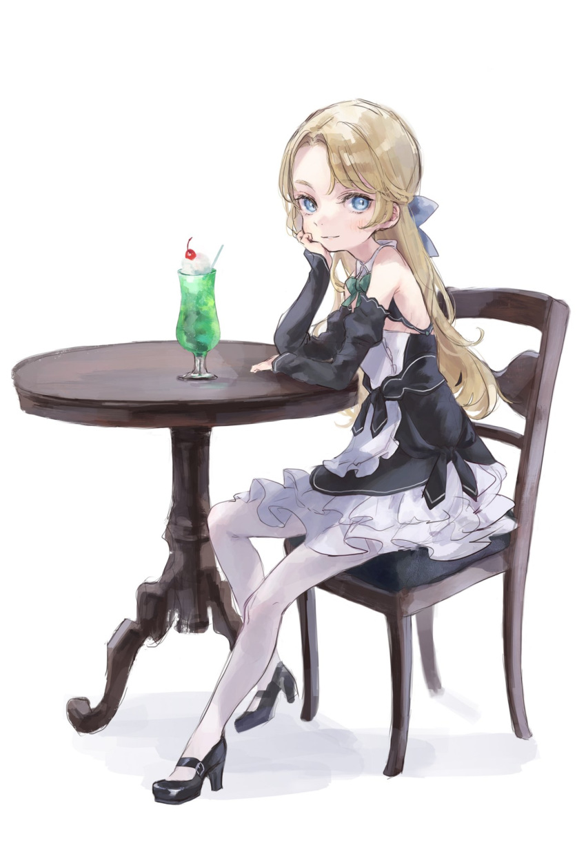 1girl blonde_hair blue_eyes blush bow bowtie chair cocktail cocktail_glass commission cup detached_collar detached_sleeves dress drinking_glass frilled_dress frills full_body hair_bow head_rest high_heels highres long_hair looking_at_viewer nenena original pantyhose simple_background skeb_commission sleeveless sleeveless_dress smile solo table two-tone_dress white_background white_legwear