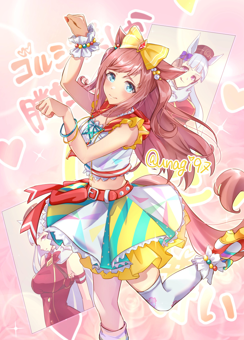1girl absurdres agnes_digital_(umamusume) animal_ears bow breasts clenched_hands commentary_request gloves gold_ship_(umamusume) hair_bow hair_ornament highres horse_ears horse_girl horse_tail leg_up long_hair medium_breasts pink_hair pose poster_(object) simple_background sodemaru_unagi solo tail twitter_username umamusume