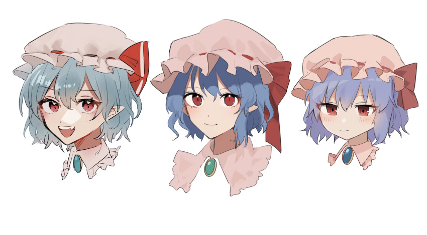 1girl :d ascot bangs blue_hair blush brooch eyebrows_visible_through_hair face frilled_shirt_collar frills hair_between_eyes hat highres jewelry looking_at_viewer mob_cap multiple_views open_mouth pointy_ears portrait red_eyes remilia_scarlet short_hair simple_background smile touhou upper_body white_background yanfei_u