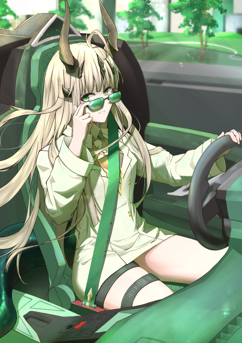 1girl absurdres arknights blonde_hair calvaires car_interior dress driving green_dress green_eyes highres horns long_hair microdress official_alternate_costume pencil_dress reed_(arknights) reed_(emerald_holiday)_(arknights) solo steering_wheel sunglasses thigh_strap thighs tinted_eyewear very_long_hair