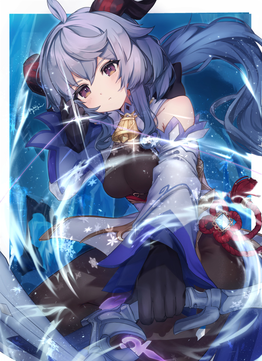 1girl absurdres ahoge amos'_bow_(genshin_impact) artist_name baba_kirika bangs bare_shoulders bell black_gloves blue_hair blush bow_(weapon) breasts detached_sleeves drawing_bow eyebrows_visible_through_hair ganyu_(genshin_impact) genshin_impact gloves highres holding holding_bow_(weapon) holding_weapon horns long_hair looking_at_viewer medium_breasts neck_bell sidelocks snowflakes solo tassel violet_eyes vision_(genshin_impact) weapon white_sleeves