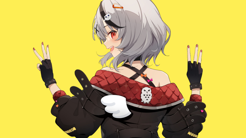 1girl bad_id bad_twitter_id bangs bird_hair_ornament black_gloves black_hair black_jacket blush brat_(brabrabrat00) double_w fingerless_gloves from_behind gloves grey_hair hair_ornament hairclip highres hololive jacket long_sleeves looking_at_viewer looking_back medium_hair multicolored_hair nail_polish off_shoulder open_mouth profile red_eyes red_nails sakamata_chloe simple_background smile solo streaked_hair upper_body virtual_youtuber w x_hair_ornament yellow_background