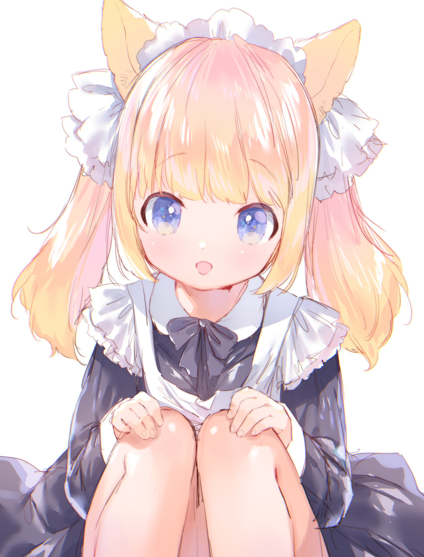 1girl animal_ears apron bangs black_dress blunt_bangs blush commentary_request dress hands_on_own_knees highres knees_up maid maid_headdress mutou_mato neck_ribbon open_mouth orange_hair original ribbon simple_background sketch smile solo twintails violet_eyes white_apron white_background