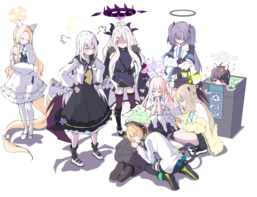1boy 6+girls :&lt; :d ^_^ ^o^ absurdly_long_hair ahoge angry animal_ears arm_support armband arrow_(symbol) azusa_(blue_archive) bangs belt black_coat black_footwear black_gloves black_hair black_legwear black_skirt blonde_hair blue_archive blush blush_stickers boots bow brown_hair business_suit cat_ears cat_girl cat_tail closed_eyes coat coat_on_shoulders collared_shirt commentary_request crossed_arms demon_girl demon_horns demon_wings detached_sleeves dogeza eyebrows_visible_through_hair faceless faceless_female fake_animal_ears feathered_wings flower forehead formal fox_ears fox_girl frilled_skirt frills fur-trimmed_coat fur_trim gloves grey_eyes hair_bow hair_bun hair_flower hair_ornament hair_ribbon hair_scrunchie hairband hairclip halo hand_on_hip hands_on_hips headphones heart heart_tail high_heels highres hina_(blue_archive) horns jacket knee_boots leaf leaf_on_head light_brown_hair long_hair long_sleeves low-tied_long_hair lying_on_person mary_janes midori_(blue_archive) mika_(blue_archive) military military_uniform miyu_(blue_archive) multiple_girls necktie nonomi_(blue_archive) off_shoulder one_side_up pantyhose parted_bangs peeking_out pencil_skirt pink_hair plaid plaid_skirt pleated_skirt ponytail purple_hair purple_legwear rabbit_ears recycle_bin red_eyes ribbon school_uniform scrunchie seia_(blue_archive) seiza sensei_(blue_archive) serafuku shaded_face shadow shirt shoes short_hair short_sleeves side_bun sidelocks simple_background sitting skirt sleeves_past_wrists smile socks squatting standing suit tail tail_bow tail_ornament tail_ribbon thigh-highs thighs tonomiya68 tress_ribbon two_side_up uniform very_long_hair violet_eyes white_background white_coat white_footwear white_hair white_legwear white_wings wide_sleeves wings yuuka_(blue_archive) zettai_ryouiki
