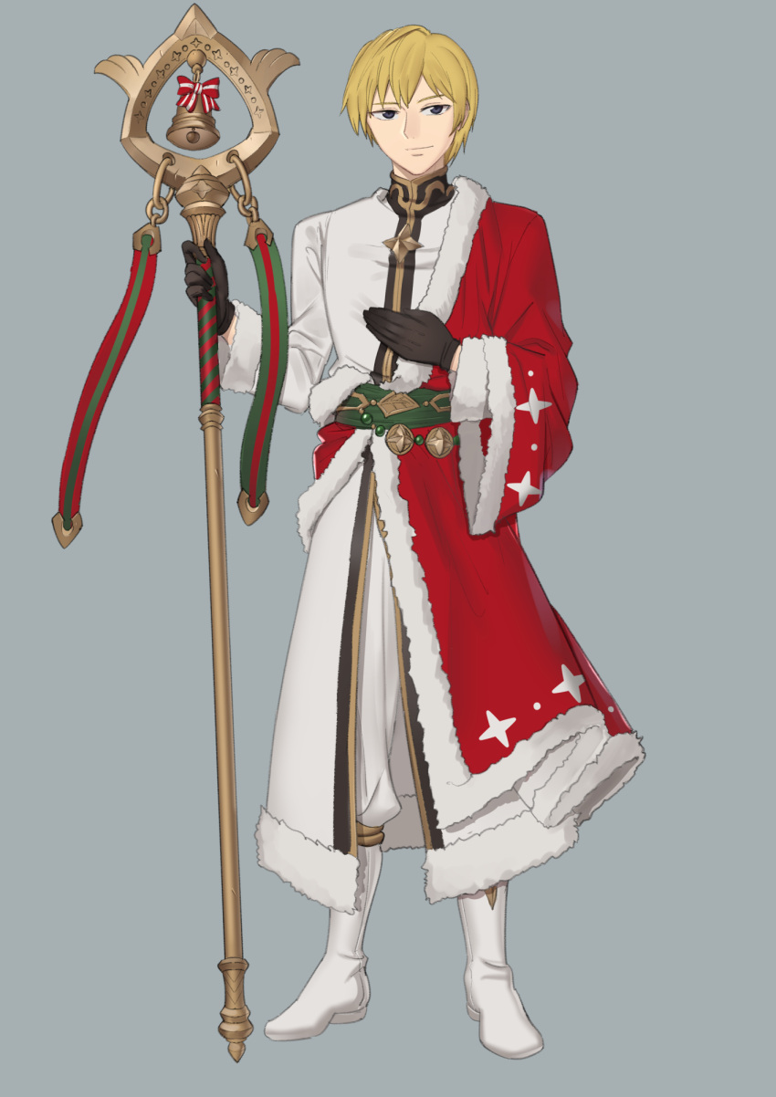 1boy alternate_costume bangs black_eyes blonde_hair boots commentary ebinku english_commentary fire_emblem fire_emblem:_thracia_776 full_body grey_background highres holding holding_staff long_sleeves looking_at_viewer male_focus pants short_hair simple_background sleuf_(fire_emblem) smile solo staff standing white_footwear white_pants white_robe wide_sleeves