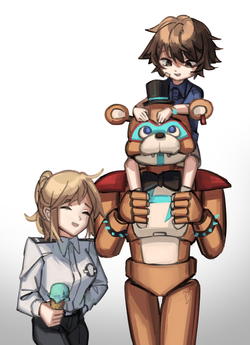 1girl 2boys absurdres animal_ears animal_robot bandaid bandaid_on_cheek bandaid_on_face bear_ears blonde_hair bracelet brown_hair carrying five_nights_at_freddy's five_nights_at_freddy's:_security_breach food freddy_fazbear glamrock_freddy good_end gregory_(fnaf) hat highres holding holding_food ice_cream ice_cream_cone jewelry medium_hair mini_hat mini_top_hat multiple_boys piggyback ponytail robot sai_sakana security_guard short_hair smile spiked_bracelet spikes top_hat uniform vanessa_(fnaf)