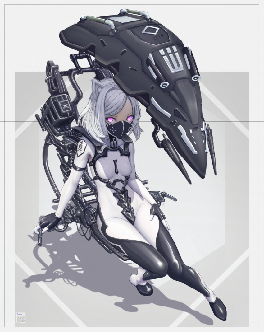 1girl animal_ears bodysuit breasts commentary_request grey_background hand_on_own_thigh highres looking_at_viewer mask mecha_musume original pilot_suit pink_eyes seat shadow skin_tight small_breasts solo white_hair yumikoyama49