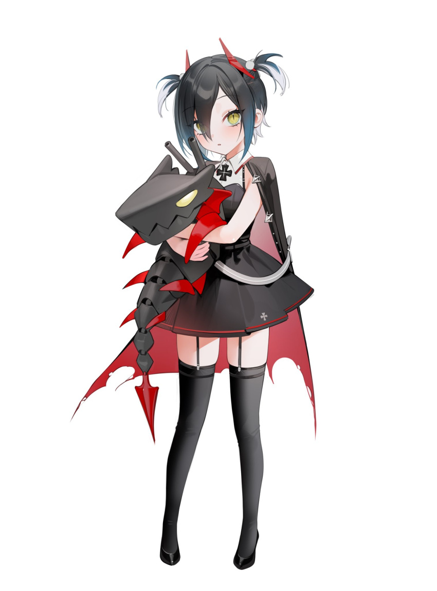 1girl armpit_crease azur_lane black_cape black_dress black_footwear black_hair black_legwear cape child collared_dress commentary_request cross dress eyebrows_visible_through_hair garter_straps hair_ornament hair_over_one_eye highres iron_cross nuae5elll object_hug red_cape short_dress short_twintails simple_background skindentation slit_pupils solo thigh-highs torn_cape torn_clothes twintails ulrich_von_hutten_(azur_lane) white_background yellow_eyes younger