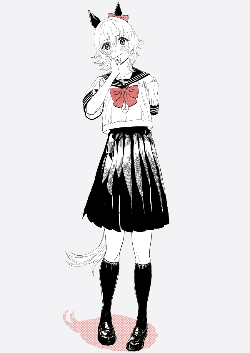 1girl absurdres animal_ears arm_behind_back bangs blush bow bowtie closed_mouth curren_chan_(umamusume) ear_bow endo_(knye07) full_body greyscale highres horse_ears horse_girl horse_tail index_finger_raised kneehighs loafers looking_at_viewer monochrome red_bow red_bowtie sailor_collar shoes short_hair short_sleeves skirt smile solo spot_color standing tail umamusume