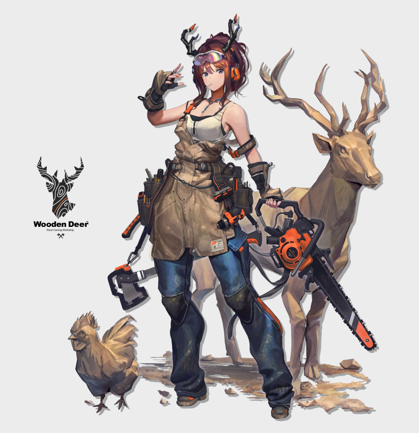 1girl absurdres antlers apron bare_shoulders bird brown_hair chainsaw chicken deer denim ear_protection fingerless_gloves fingernails full_body gesoking gloves goggles goggles_on_head highres holding holding_chainsaw jeans jewelry knee_pads mouth_hold necklace orange_nails original pants solo statue violet_eyes wood