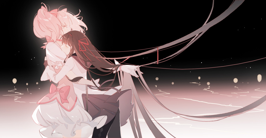 2girls akemi_homura bangs black_background black_hair black_legwear black_skirt bow bubble_skirt choker closed_eyes dress dress_bow feet_out_of_frame from_side gloves gradient gradient_background hair_bow hair_ribbon hairband hand_in_another's_hair highres hug kaname_madoka long_hair magical_girl mahou_shoujo_madoka_magica multiple_girls pantyhose pink_choker pink_dress pink_eyes pink_hair profile puffy_short_sleeves puffy_sleeves red_hairband ribbon short_hair short_sleeves short_twintails skirt standing twintails very_long_hair white_gloves zhaohuayongzai
