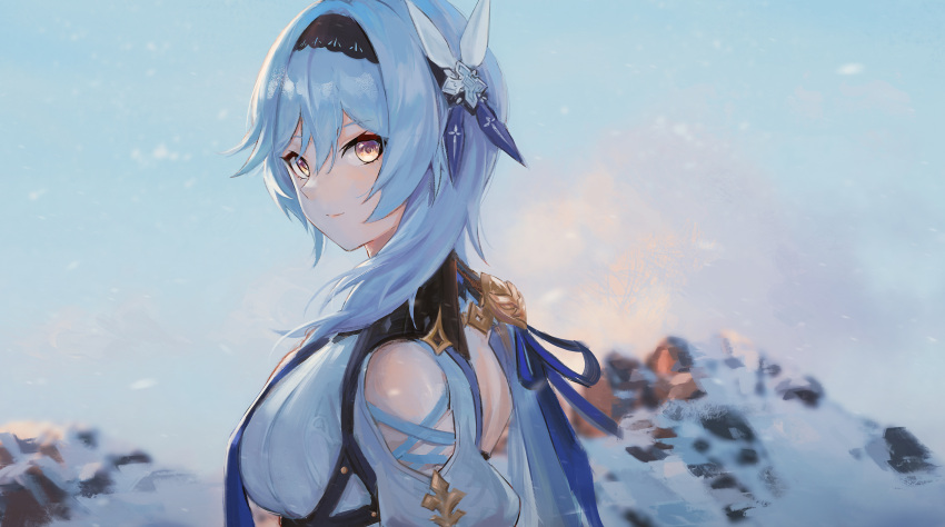 1girl 444u bangs blue_necktie breasts clouds day eula_(genshin_impact) from_side genshin_impact hairband highres large_breasts light_blue_hair long_hair mountain necktie outdoors sky smile snow solo yellow_eyes