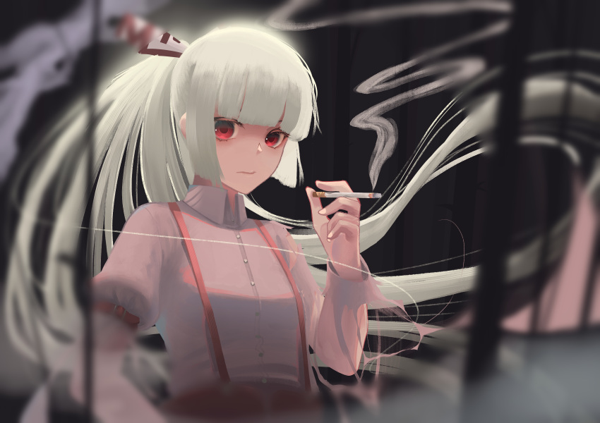 1girl absurdly_long_hair absurdres bamboo bangs blunt_bangs bow buttons cigarette closed_mouth collared_shirt commentary expressionless eyebrows_behind_hair floating_hair fujiwara_no_mokou hair_bow hand_up highres holding holding_cigarette juliet_sleeves long_hair long_sleeves looking_at_viewer pants puffy_sleeves red_eyes red_pants shirt smoke solo suspenders sweet_reverie touhou upper_body very_long_hair white_bow white_hair white_shirt