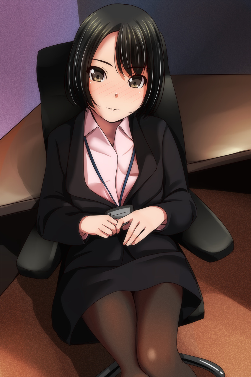1girl absurdres asymmetrical_hair bangs black_hair black_suit blush breasts brown_eyes brown_legwear business_suit chair collared_shirt commentary_request eyebrows_visible_through_hair feet_out_of_frame formal highres id_card looking_at_viewer matsunaga_kouyou nose_blush office office_chair office_lady original own_hands_together parted_lips pink_shirt shirt short_hair sitting smile solo suit thigh-highs