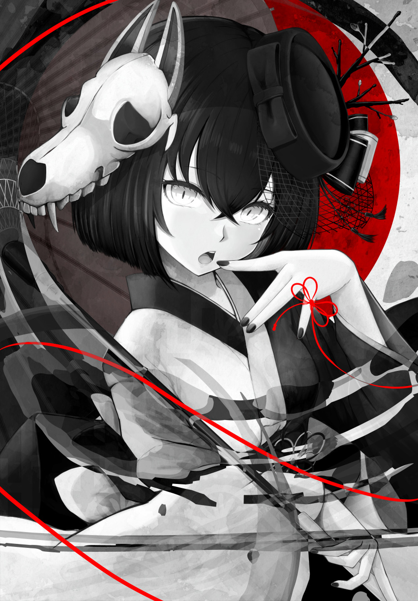 1girl absurdres bangs bow branch commentary_request eyebrows_visible_through_hair finger_to_mouth hair_between_eyes hand_up hat hat_bow highres japanese_clothes kimono long_sleeves looking_at_viewer mask mask_on_head monochrome nail_polish open_mouth original short_hair skull_mask solo spot_color teeth temari_rin tilted_headwear upper_teeth wide_sleeves