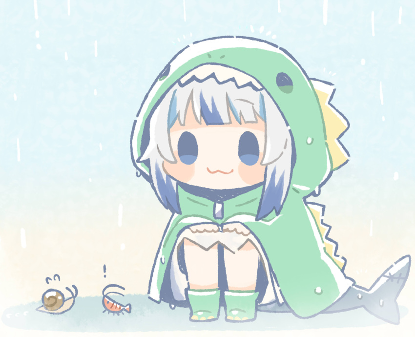 ! 1girl :3 animal bangs blue_eyes blue_hair blunt_bangs blush_stickers chibi commentary dinosaur_costume fish_tail gawr_gura hands_on_own_knees highres hololive hololive_english hood hood_up multicolored_hair rain raincoat same_anko shark_tail shrimp smile snail solo squatting streaked_hair symbol-only_commentary tail two-tone_hair virtual_youtuber white_hair