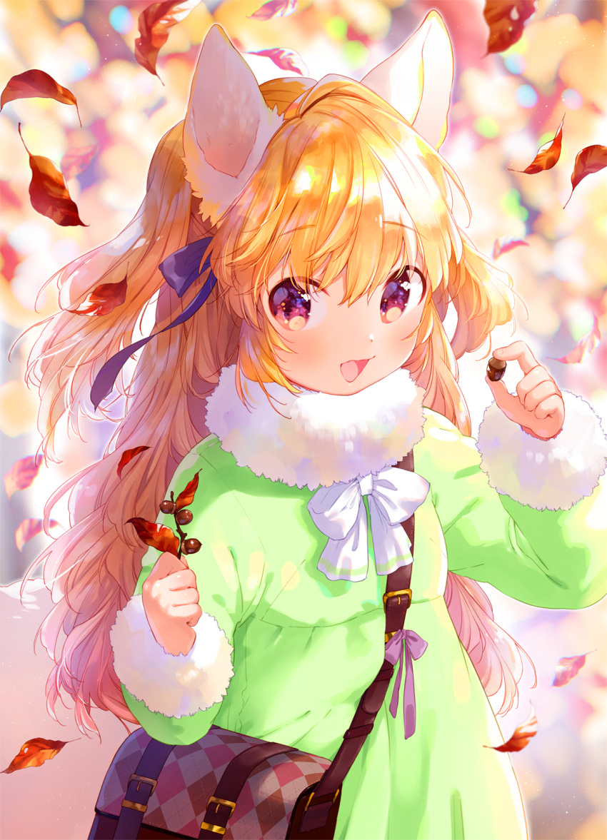1girl :d acorn animal_ear_fluff animal_ears autumn_leaves bag bangs blue_bow blurry blurry_background blush bow commentary_request cover cover_page depth_of_field dress eyebrows_visible_through_hair fur-trimmed_sleeves fur_collar fur_trim green_dress hair_between_eyes hair_bow highres holding long_hair long_sleeves mutou_mato open_mouth orange_hair original red_eyes shoulder_bag smile solo textless_version upper_body very_long_hair white_bow