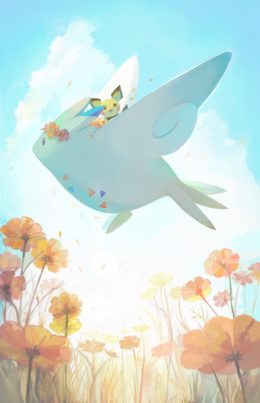 closed_mouth clouds commentary_request day falling_petals flower flying from_below gigigimimi highres no_humans orange_flower outdoors petals pichu pokemon pokemon_(creature) riding riding_pokemon sky smile togekiss