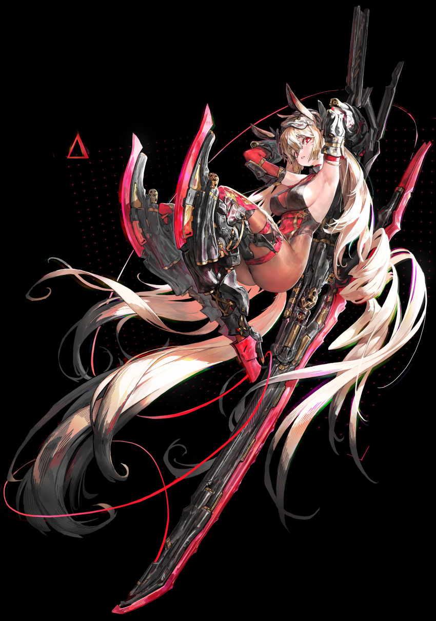 absurdres agoto ahoge animal_ears armlet armor armpits arms_up black_armor black_background blonde_hair bright_pupils chromatic_aberration covered_navel covered_nipples elbow_gloves facial_mark gloves hair_between_eyes high_heels highres holding holding_sword holding_weapon huge_weapon long_hair looking_at_viewer mechanical_legs necktie original pantyhose parted_lips pink_lips red_eyes red_gloves red_necktie simple_background sketch sword triangle very_long_hair weapon whisker_markings white_pupils