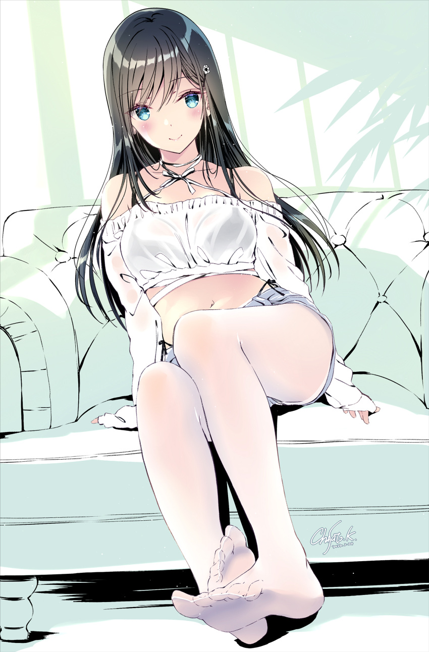 1girl black_bra black_hair blue_eyes blush bra breasts chair cutoffs denim denim_shorts feet hair_ornament hairclip highres kobayashi_chisato legs legwear_under_shorts long_hair looking_at_viewer midriff no_shoes original pantyhose see-through shirt short_shorts shorts sitting smile soles solo thighs toes underwear white_legwear white_shirt