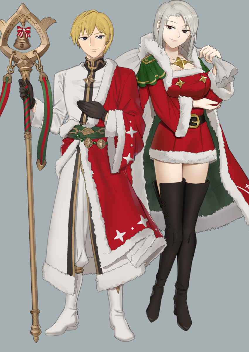 1boy 1girl alternate_costume amalda_(fire_emblem) bangs belt black_belt black_eyes black_footwear blonde_hair boots breasts cape commentary dress ebinku english_commentary fire_emblem fire_emblem:_thracia_776 full_body fur-trimmed_cape fur-trimmed_dress fur-trimmed_sleeves fur_trim grey_background grey_hair highres holding holding_sack holding_staff large_breasts long_sleeves looking_at_viewer male_focus pants red_cape red_dress sack santa_dress short_dress short_hair simple_background sleuf_(fire_emblem) smile staff standing thigh_boots white_footwear white_pants white_robe wide_sleeves