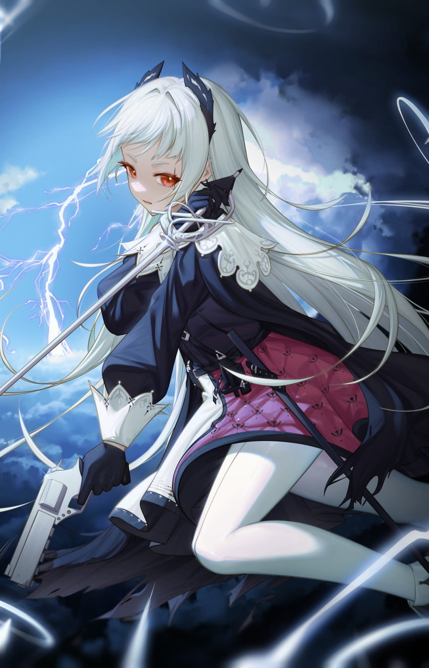 1girl absurdres albino arknights black_cape black_gloves black_jacket cape capelet clouds cloudy_sky danope dual_wielding electricity feet_out_of_frame front-seamed_legwear gloves gun head_wings high-waist_skirt highres holding holding_gun holding_sword holding_weapon irene_(arknights) jacket lightning long_hair outdoors pantyhose parted_lips purple_skirt rapier red_eyes scar scar_across_eye scar_on_face seamed_legwear sheath skirt sky solo sword unsheathed very_long_hair weapon white_capelet white_hair white_legwear white_skirt