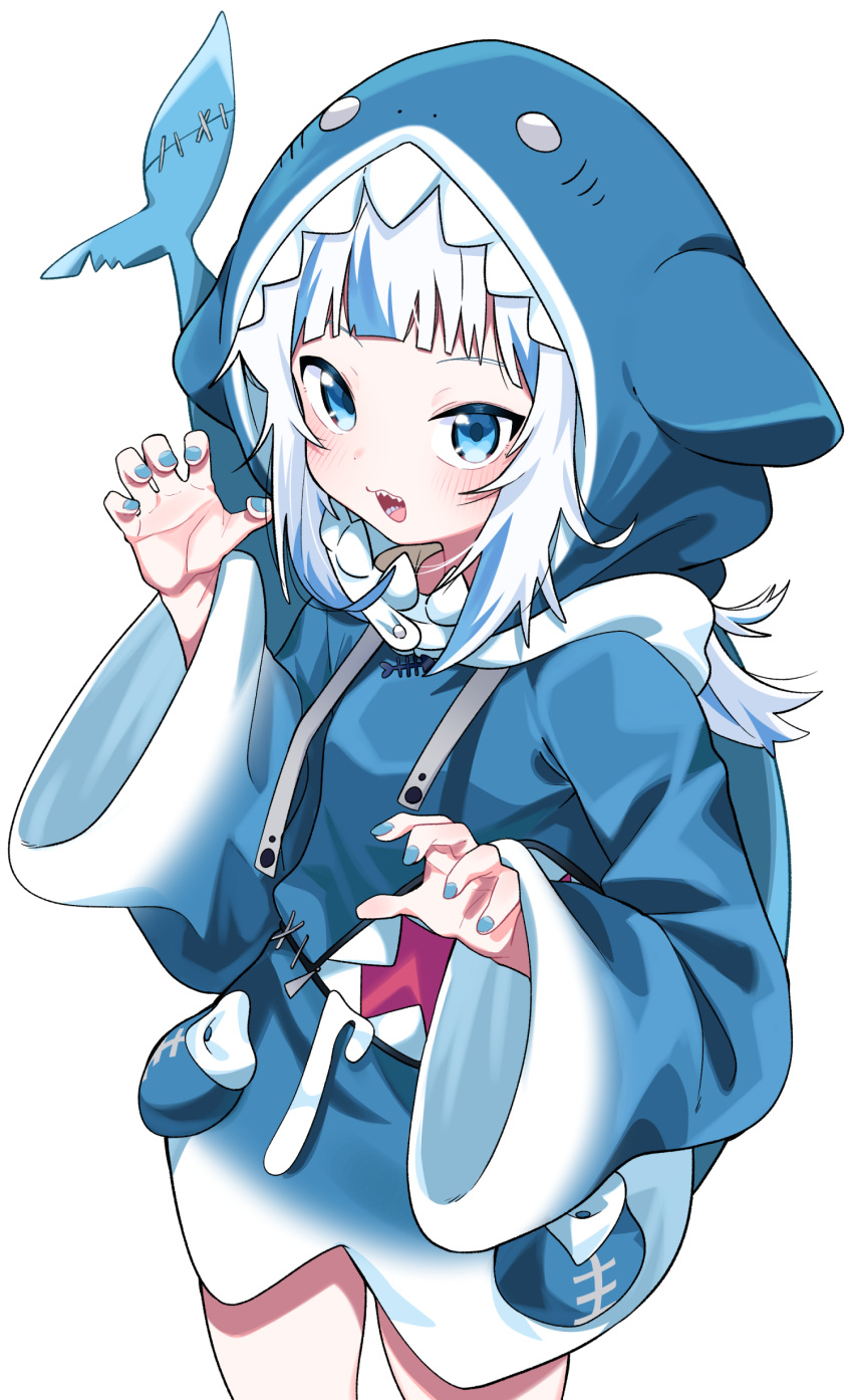 1girl :d absurdres animal_hood bangs blue_eyes blue_hair blue_hoodie blue_nails commentary drawstring eyebrows_visible_through_hair fish_tail gawr_gura hands_up highres hololive hololive_english hood hood_up hoodie long_hair long_sleeves looking_at_viewer multicolored_hair nail_polish shark_hood shark_tail sharp_teeth simple_background sleeves_past_wrists smile solo standing streaked_hair tail teeth tosyeo virtual_youtuber white_background white_hair wide_sleeves