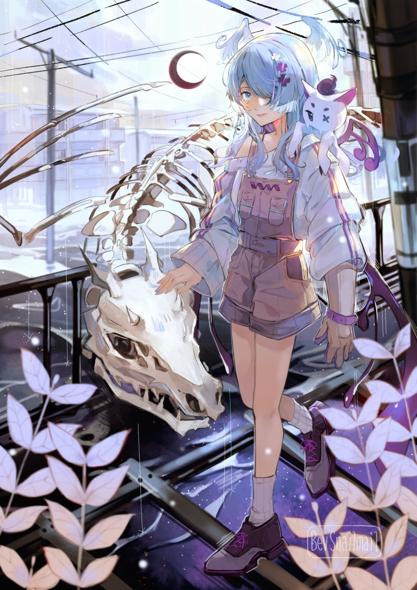 1girl 2others absurdres bangs bevsnailmail black_footwear blue_eyes blue_hair blush crescent dragon_girl dragon_tail elira_pendora flood gloves grey_gloves grey_overalls hair_over_one_eye head_wings highres long_hair looking_to_the_side mole multiple_others nijisanji nijisanji_en off_shoulder one_eye_covered overall_shorts overalls pikl_(elira_pendora) purple_footwear shoes signature single_glove skeleton sleeves_past_fingers sleeves_past_wrists smile solo sweater tail virtual_youtuber white_sweater