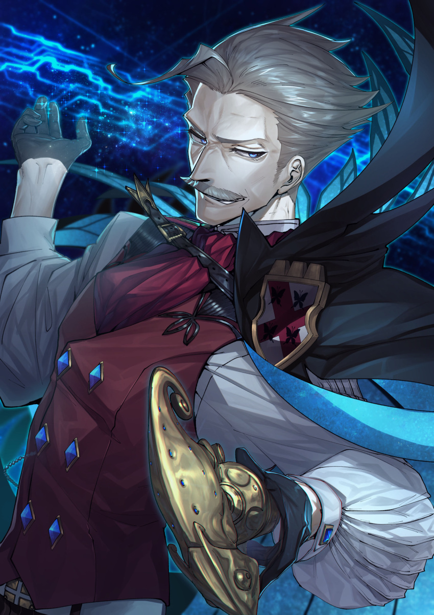 1boy absurdres black_gloves blue_eyes cape commentary_request facial_hair fate/grand_order fate_(series) formal gloves grey_hair highres holding holding_stick james_moriarty_(fate) long_sleeves looking_at_viewer male_focus mustache old old_man short_hair smile solo sparkle stick suzuki_rui upper_body vest