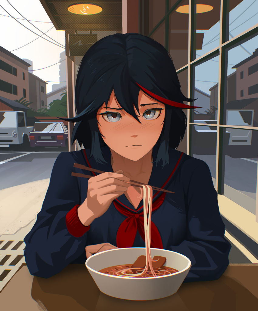 1girl absurdres car closed_mouth food ground_vehicle highres kill_la_kill lem looking_at_viewer matoi_ryuuko motor_vehicle multicolored_hair noodles outdoors pov redhead table window