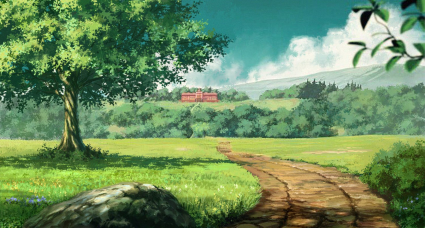 blue_flower building bush clouds commentary day flower forest highres leaf mansion meadow mountainous_horizon nature no_humans path rock scarlet_devil_mansion scenery sky suzu_(susan_slr97) touhou tree white_flower yellow_flower