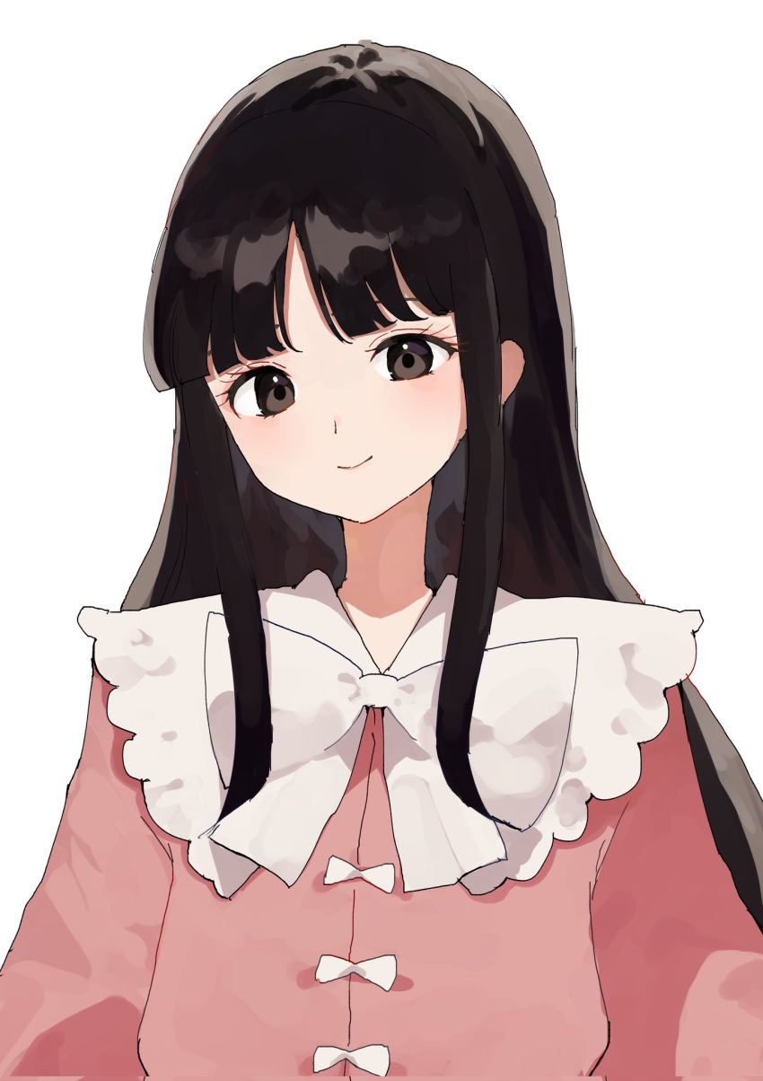 1girl bangs black_hair blouse bow bowtie brown_eyes closed_mouth collared_shirt eyebrows_visible_through_hair frills highres houraisan_kaguya kozomezuki long_hair long_sleeves looking_at_viewer pink_shirt shirt sidelocks simple_background smile solo touhou upper_body white_background white_bow white_bowtie wide_sleeves