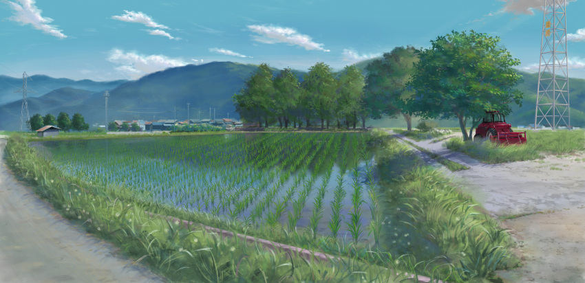 absurdres aoikanata89 blue_sky building combine_harvester highres hill no_humans original outdoors path power_lines rice_paddy scenery sky summer transmission_tower tree