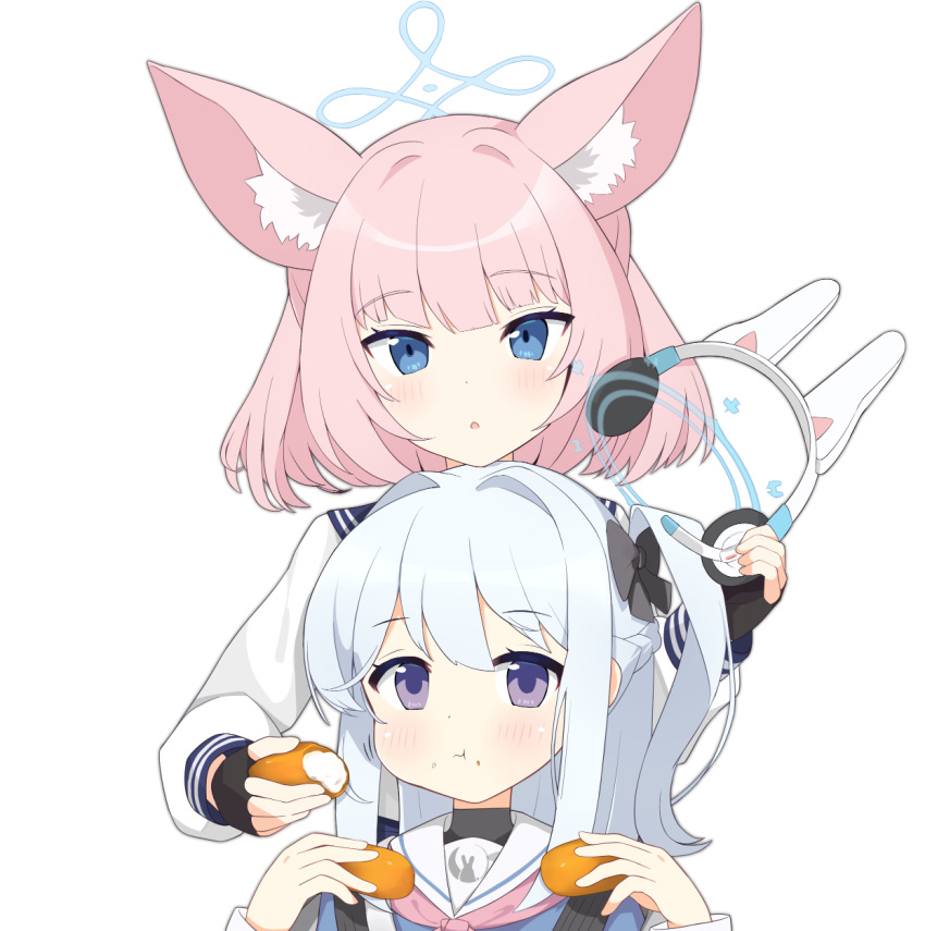 2girls aburaage aku_oribi animal_ears bangs blue_archive blue_eyes blunt_bangs commentary_request eating eyebrows_visible_through_hair fake_animal_ears food fox_ears grey_eyes grey_hair hair_between_eyes hair_ornament hair_scrunchie halo headset headset_removed highres holding holding_food long_hair long_sleeves looking_at_viewer miyako_(blue_archive) multiple_girls nico_(blue_archive) one_side_up parted_lips pink_hair rabbit_ears school_uniform scrunchie serafuku short_hair sidelocks simple_background white_background