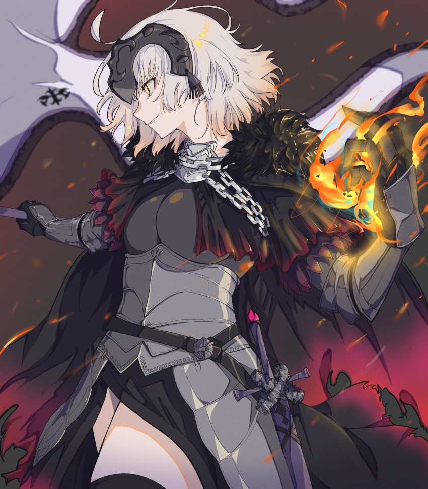 1girl absurdres anianiani0607 armor fate/grand_order fate_(series) fire highres jeanne_d'arc_alter_(fate) short_hair solo sword weapon white_hair yellow_eyes